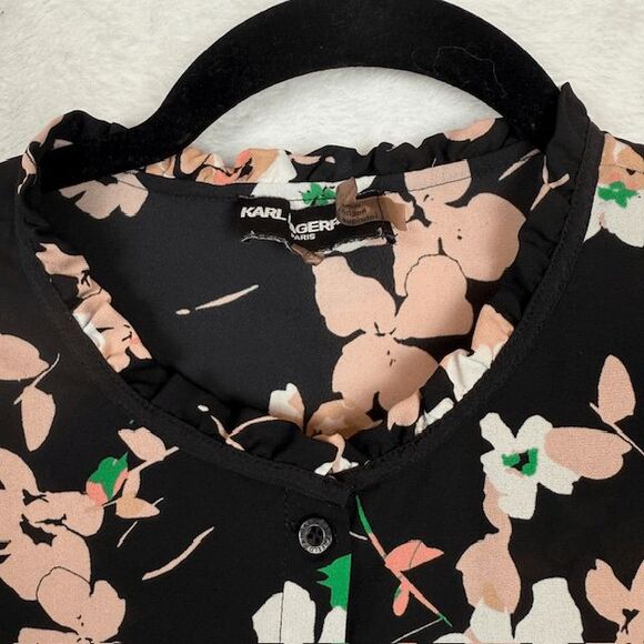 Karl Lagerfeld Paris Black Floral Button-Up Blouse Trumpet Sleeve Size Small - Picture 4 of 11